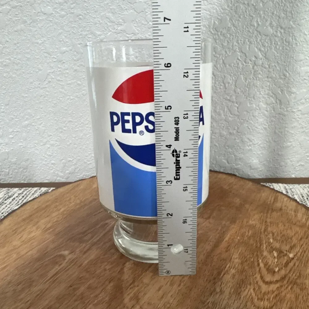 VTG Pepsi Cola Large Pedestal Drinking Tumbler Glass Clear Blue Red Pedestal Cup